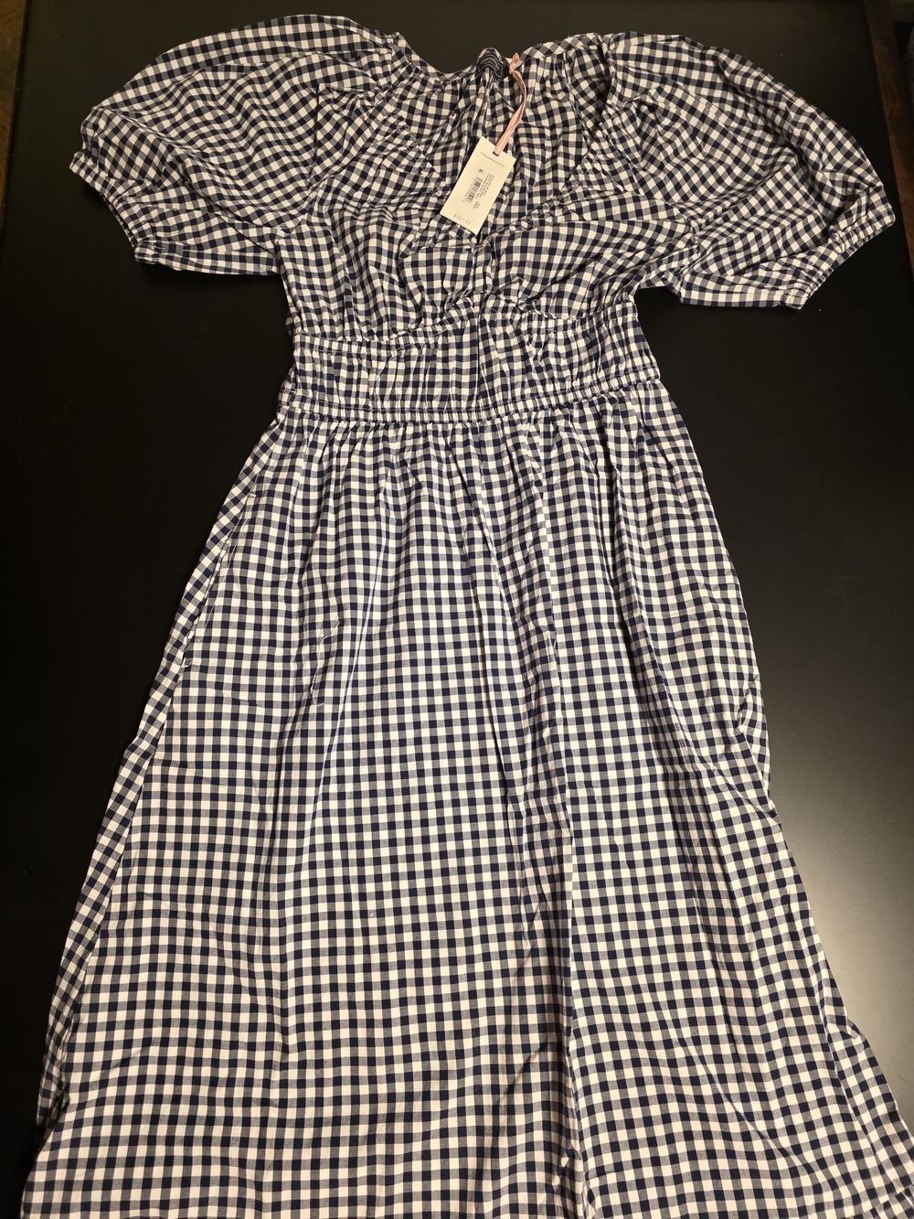 Navy and White Gingham Puff-Sleeve Dress